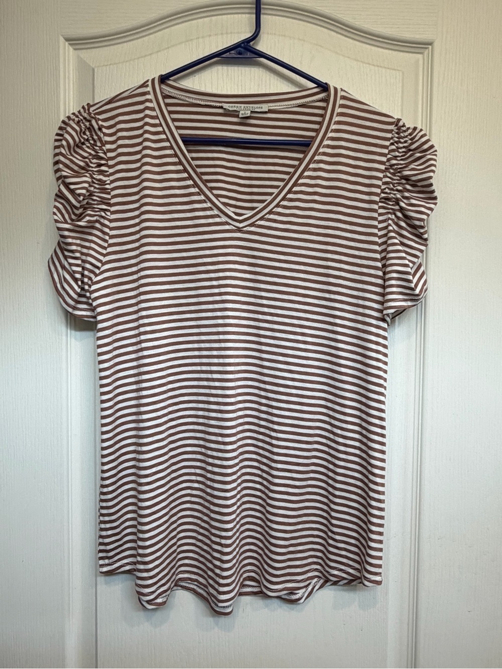 Green Envelope Brown and White Striped V‑Neck Puff Sleeve Tee
